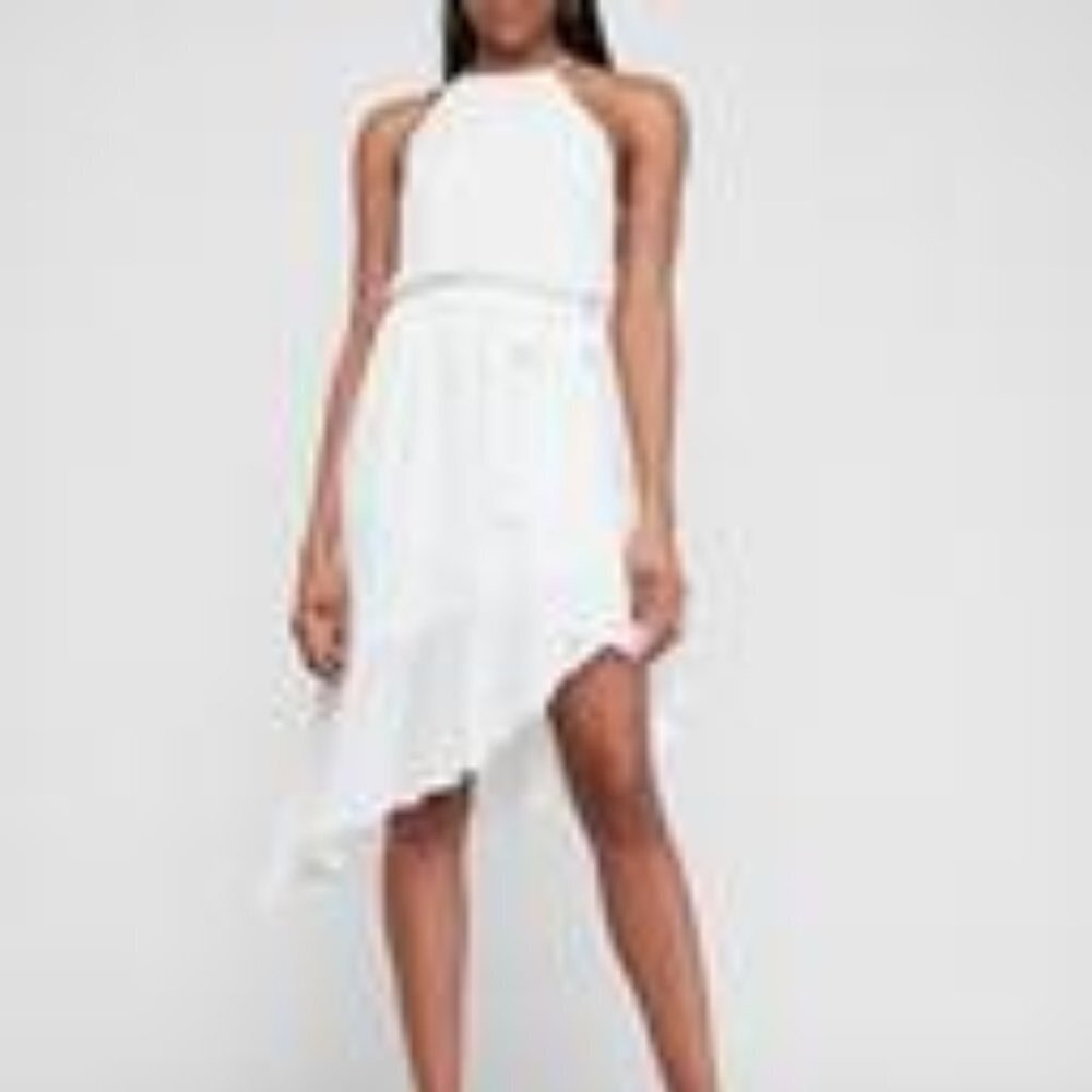 HIGH NECK ASYMMETRICAL RUFFLE WRAP MIDI DRESS IN WHITE